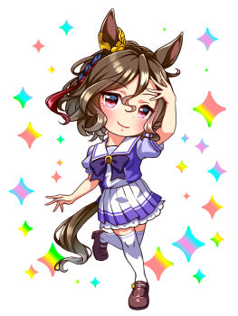 1girl animal_ears blush bow bowtie breasts brown_hair chibi chibi_only closed_mouth collarbone commentary_request ear_ornament full_body hair_between_eyes highres horse_ears horse_girl horse_tail looking_at_viewer medium_breasts pleated_skirt puffy_short_sleeves puffy_sleeves purple_bow purple_bowtie purple_eyes purple_shirt sailor_collar sailor_shirt school_uniform shirt shoes short_hair short_sleeves skirt smile solo standing standing_on_one_leg sugimotty_nova tail tap_dance_city_(umamusume) thighhighs tracen_school_uniform umamusume white_sailor_collar white_skirt white_thighhighs zettai_ryouiki