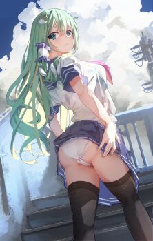 1girl absurdres ass black_thighhighs blue_sailor_collar blush boqee breasts clothes_lift frog frog_hair_ornament green_eyes green_hair hair_ornament hair_tubes highres kochiya_sanae large_breasts long_hair looking_at_viewer looking_back neckerchief outdoors panties pantyshot red_neckerchief sailor_collar school_uniform serafuku short_sleeves single_hair_tube skirt skirt_lift snake snake_hair_ornament solo thighhighs touhou underwear white_panties