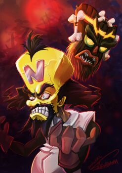 2boys absurdres angry bald beard black_hair bone colored_skin crash_bandicoot_(series) dark facial_hair gloves highres lab_coat male_focus mask multiple_boys neo_cortex scientist sharp_teeth shawn_lim signature teeth uka_uka yellow_eyes yellow_skin