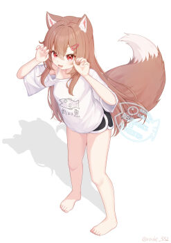 1girl animal_ear_fluff animal_ears barefoot black_shorts brown_hair claw_pose commentary fox_tail full_body hair_ornament hairclip highres long_hair original rade_(rade_552) red_eyes shirt short_shorts shorts solo symbol-only_commentary tail white_shirt wolf_ears wolf_girl wolf_tail