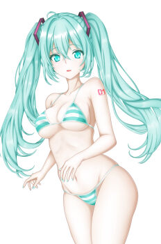 1girl :d ahoge alternate_costume arm_tattoo bikini breasts collarbone commentary_request cowboy_shot curvy floating_hair green_eyes green_hair green_nails groin hair_between_eyes hatsune_miku highres large_breasts long_hair looking_at_viewer nail_polish navel number_tattoo open_mouth sidelocks simple_background skindentation smile solo stomach striped_bikini striped_clothes sturm_(arowana_kingyo) swimsuit tattoo thighs twintails underboob very_long_hair vocaloid white_background