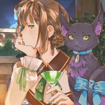 1girl animal_ear_fluff black_cat braid braided_bun brown_hair cat celine_(sen_no_kiseki) colored_sclera duvalie eiyuu_densetsu green_eyes hair_bun indoors kyotyan purple_fur sen_no_kiseki sen_no_kiseki_(series) sen_no_kiseki_iv yellow_sclera