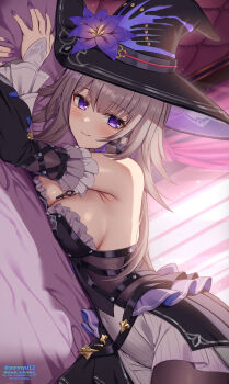 1girl bare_shoulders black_dress black_pantyhose breasts brown_hair closed_mouth covered_navel curtains detached_sleeves dress flower hat hat_flower herta_(honkai:_star_rail) highres honkai:_star_rail honkai_(series) indoors long_hair long_sleeves looking_at_viewer lying on_bed on_stomach pantyhose ponnyu12 purple_eyes purple_flower purple_nails sideboob smile solo the_herta_(honkai:_star_rail) witch_hat