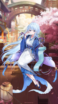 1girl architecture blue_eyes blue_hair blue_shoes bridge character_request cherry_blossoms closed_mouth dress east_asian_architecture fingernails frills full_body hand_in_own_hair hand_up highres holding houchi_shoujo japanese_clothes long_dress long_hair looking_at_viewer mermaid_dress official_art pale_skin shoes smile solo tree very_long_hair