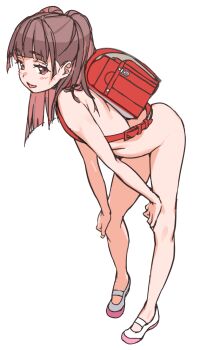 1girl :p backpack bag blush brown_eyes brown_hair flat_chest full_body haimura_kiyotaka highres leaning_forward loli looking_at_viewer navel nude original randoseru shoes simple_background sketch smile solo standing tongue tongue_out two_side_up webp-to-png_conversion white_background