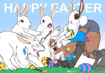 1girl 4others all_fours amputee anger_vein angry animal_ears arguing artonell0 ass biceps boku_no_hero_academia buck_teeth dark-skinned_female dark_skin easter easter_egg egg happy_easter highres mirko multiple_others muscular muscular_female paint paint_on_body paint_on_hands paint_splatter paint_splatter_on_face paintbrush prosthesis prosthetic_arm prosthetic_leg quadruple_amputee rabbit rabbit_ears rabbit_girl scar sharp_teeth short_shorts shorts sweatdrop tank_top teeth top-down_bottom-up white_fur white_hair wide_mouth