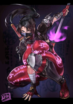 1girl 20s absurdres angry arm_wrap armor armored_boots aura black_hair body_markings body_writing bodysuit bodysuit_under_armor boots bracelet breast_press breasts brown_eyes cleavage clothes_writing collared_vest colored_fire covered_erect_nipples energy face_mask fighting_stance fingerless_gloves fire foot_wraps full-body_tattoo furrowed_brow geta gloves glowing glowing_markings glowing_sword glowing_tattoo glowing_weapon greyscale hand_on_floor handle highres holding holding_sword holding_weapon impossible_bodysuit impossible_clothes inktober jewelry juaag_acgy katana knee_boots kneeling large_breasts large_nipples lineart looking_at_viewer mask mature_female medium_hair monochrome mouth_mask multiple_weapons ninja ninja_mask ninjatou no_background oni_mask outstretched_arm pauldrons pinup_(style) ponytail purple_fire purple_tattoo red_bodysuit red_gloves red_socks runes sagging_breasts sandals sanpaku sheath sheathed shin_guards short_sword shoulder_armor signature sketch skin_tight sleeveless sleeveless_bodysuit socks solo soul_calibur soulcalibur soulcalibur_vi spiked_shoulder_pads squatting sword tabi taki_(soulcalibur) talisman tantou tattoo thick_thighs thighs unsheathing vest wakizashi weapon weapon_on_back wide_hips