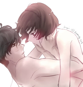 1boy 1girl amamiya_ren atlus black_hair brown_eyes hetero holding_face imminent_kiss komugi_(mugiwaraclub) niijima_makoto persona persona_5 short_hair signature white_background