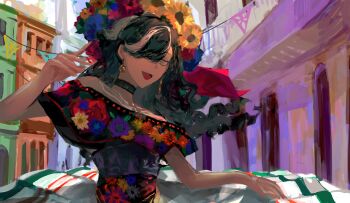 1girl absurdres alternate_costume black_hair centurion_(reverse:1999) dark-skinned_female dark_skin dress flower_wreath head_wreath highres long_hair looking_at_viewer multicolored_hair reverse:1999 smile solo strapless strapless_dress streaked_hair waffle820 white_hair