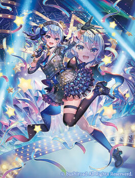 1girl beret black_gloves black_shoes black_thighhighs blue_theme cardfight!!_vanguard gloves grey_hat grey_shirt grey_skirt hat holding holding_microphone hololive hoshimachi_suisei hoshimachi_suisei_(1st_costume) looking_at_viewer madopen microphone official_art open_mouth partially_fingerless_gloves shirt shoes skirt smile solo striped_clothes striped_shirt teeth thigh_strap thighhighs upper_teeth_only vertical-striped_clothes vertical-striped_shirt virtual_youtuber