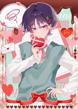 Rule 34 | 1boy, alternate costume, aqua sweater vest, blunt ends, bow, box, closed mouth, collared shirt, colored eyelashes, dated, eyelashes, eyeliner, genshin impact, gift, gift box, hair ornament, hairclip, hand on own hip, hand up, heart-shaped box, highres, holding, letter, light blush, long sleeves, looking at viewer, love letter, makeup, male focus, purple eyes, purple hair, red bow, red eyeliner, red ribbon, ribbon, sakana ( sakanasakana), scaramouche (genshin impact), shirt, solo, speech bubble, spoken squiggle, squiggle, sweater vest, teeth, upper teeth only, valentine, white shirt, white sleeves, wispy bangs, x hair ornament