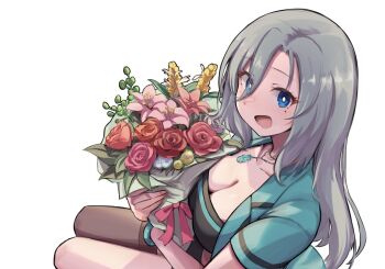 1girl ayatsuchi_enogu black_tube_top blue_eyes bouquet bracelet breasts brown_thighhighs cleavage commentary_request flower green_jacket grey_hair holding holding_bouquet jacket jewelry large_breasts long_hair looking_at_viewer open_clothes open_jacket open_mouth pink_flower red_flower riot_music short_sleeves simple_background single_thighhigh smile solo strapless sumeragi_miona thighhighs tube_top virtual_youtuber white_background