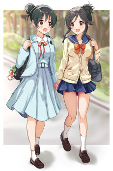 2girls arm_at_side bag bag_charm belt belt_buckle black_hair black_shoes blue_belt blue_dress blue_jacket blue_sailor_collar blue_skirt blurry blurry_background border bow bowtie breasts brown_hair buckle cardigan charm_(object) choppy_bangs commentary_request day dress glyn070605a hair_bun hand_up highres holding_strap idolmaster idolmaster_cinderella_girls jacket loafers long_sleeves looking_at_another looking_to_the_side medium_breasts medium_skirt miniskirt momoi_azuki multiple_girls neck_ribbon open_clothes open_jacket open_mouth orange_bow orange_bowtie outdoors outside_border pinafore_dress pleated_dress pleated_skirt red_ribbon ribbon sailor_collar school_bag school_uniform serafuku shoes shoulder_bag sidelocks single_hair_bun skirt sleeveless sleeveless_dress smile socks walking white_border white_socks wing_collar yaguchi_miu yellow_cardigan