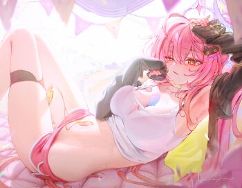 1girl aakin5349 aemeath_(wuthering_waves) ahoge alternate_costume arm_up armpits black_jacket borrowed_clothes bra_visible_through_clothes breasts cleavage closed_mouth commentary_request dolphin_shorts from_side highres jacket korean_commentary large_breasts long_hair long_sleeves lying micro_shorts navel on_back orange_eyes pink_hair pink_shorts shorts signature solo stomach sweat wuthering_waves