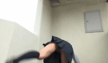 1girl animated animated_gif asian ass censored female_focus handstand no_panties photo_(medium) ponytail pussy school_uniform solo source_request upside-down upskirt