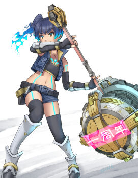 1girl blue_hair boots brown_eyes crop_top cropped_jacket dark-skinned_female dark_skin elbow_gloves fingerless_gloves flat_chest gloves hammer medium_hair sdeishi sena_(xenoblade) shorts side_ponytail white_background xenoblade_chronicles_(series) xenoblade_chronicles_3