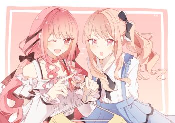 1girl 1other absurdres akiyama_mizuki arm_cutout arms_behind_back bare_shoulders belt black_belt black_bow black_bowtie black_ribbon blue_skirt border bow bow_choker bowtie buttons center_frills choker clothes_hanger clothing_cutout collarbone collared_shirt cowboy_shot crossover curious dot_nose eyelashes fingernails frilled_bow frilled_shirt frilled_suspenders frills gradient_background hair_bow hair_intakes hair_ribbon happy highres holding holding_clothes_hanger infinity_nikki light_blush long_hair long_skirt long_sleeves looking_at_another low_twintails nikki_(nikki) nikki_(series) one_eye_closed open_mouth orange_background orange_hair outside_border pink_background pink_bow pink_bowtie pink_choker pink_eyes pink_hair pink_skirt pleated_skirt pointing pointing_at_another project_sekai ribbon sanlao1207 shirt shoulder_cutout side_ponytail signature single_stripe skirt smile snowflakes sparkle standing striped_bow striped_bowtie striped_choker striped_clothes suspender_skirt suspenders tress_ribbon twintails unworn_shirt very_long_hair white_border white_shirt yellow_shirt