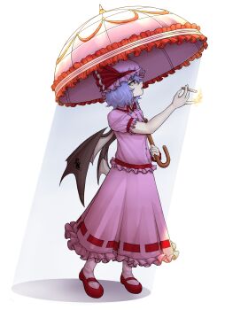 Rule 34 | 1girl, absurdres, arm up, bat wings, buhbuhbored, cigarette, collared shirt, fire, frilled hat, frilled shirt, frilled skirt, frilled sleeves, frills, hat, hat ribbon, highres, holding, holding cigarette, holding umbrella, major injury underreaction, mob cap, parasol, pink shirt, pink skirt, puffy short sleeves, puffy sleeves, purple hair, red eyes, red ribbon, red shoes, remilia scarlet, ribbon, shirt, shoes, short hair, short sleeves, simple background, skirt, socks, solo, standing, touhou, umbrella, white background, white hat, white socks, wings