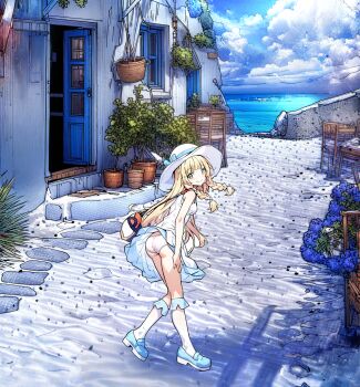 1girl absurdres ass bag blonde_hair blue_dress blue_ribbon blue_shoes braid clothes_lift cloud commentary_request day dress duffel_bag female_focus flower full_body green_eyes hat highres house huge_filesize leaning_forward lillie_(pokemon) loli long_hair looking_at_viewer looking_back maruyu nintendo ocean outdoors panties plant pokemon pokemon_sm potted_plant ribbon road shadow shoes skirt skirt_lift sky smile socks solo standing standing_on_one_leg stone_walkway street sun_hat sunlight twin_braids twintails two-tone_dress underwear very_long_hair water white_dress white_hat white_panties white_socks wind wind_lift
