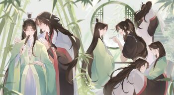 :d architecture bamboo bamboo_forest black_hair black_hanfu blush carrying chair chinese_clothes closed_eyes closed_mouth couple cowboy_shot curtained_hair east_asian_architecture feeding folded_fan folding_fan forest green_hanfu grey_background grin hair_down hair_over_shoulder half_updo hand_fan hand_on_own_stomach hanfu head_on_another's_stomach headpat highres holding holding_fan holding_spoon laughing long_hair long_sleeves looking_at_another luo_binghe male_focus male_pregnancy multiple_views nature on_chair open_mouth peropapapa18 ponytail princess_carry raised_eyebrows red_hanfu renzha_fanpai_zijiu_xitong ribboned_xiao_guan round_window shen_qingqiu sidelocks sitting smile spoon stairs tasuki tearing_up twitter_username two-tone_hanfu very_long_hair wide_sleeves window wolf_cut yaoi