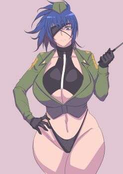 1girl absurdres blue_hair breasts cosplay curvy eyepatch heidern_(cosplay) highres huge_breasts ikari_warriors large_breasts leona_heidern looking_at_viewer mercenary pale_skin panties snk snk_heroines:_tag_team_frenzy solo the_king_of_fighters thick_thighs thighs underwear