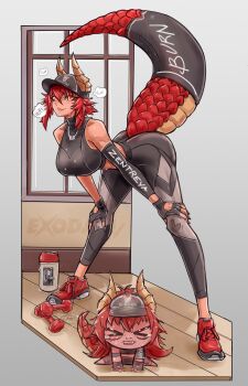 1girl absurdres ass bare_shoulders baseball_cap breasts commentary dragon_girl dragon_horns dragon_tail english_commentary exodamartworks fingerless_gloves gloves gym_uniform hat highres horns indie_virtual_youtuber leaning_forward legs long_sleeves pants red_hair short_hair sports_bra sweat tail tan virtual_youtuber yellow_eyes yoga_pants zentreya