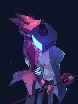 Rule 34 | 2boys, alastor (hazbin hotel), animal ears, black background, black hat, black jacket, black pants, black skin, colored skin, cowboy shot, cyanbloodart, deer boy, deer ears, deer tail, from side, grey sweater, hat, hazbin hotel, hellaverse, highres, holding, holding staff, jacket, jacket on shoulders, multicolored hair, multiple boys, open clothes, open jacket, pants, red hair, red jacket, red skin, simple background, staff, striped clothes, striped jacket, sweater, tail, television, top hat, two-tone hair, vox (hazbin hotel)