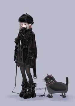 1girl alternate_costume ankle_boots belt black_belt black_boots black_coat black_pantyhose boots brown_hair coat colored_inner_hair full_body fur_hat hat highres koze_niire looking_at_viewer makaino_ririmu multicolored_hair nijisanji pantyhose platform_boots pointy_ears pouch simple_background sleeves_past_fingers sleeves_past_wrists solo streaked_hair twitter_username two-tone_hair virtual_youtuber winter_clothes