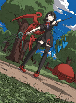1girl absurdres asymmetrical_wings black_dress black_hair black_thighhighs blue_sky blue_wings bow bowtie center_frills cloud commentary day dress english_commentary forest frills from_below full_body grass highres holding holding_polearm holding_weapon houjuu_nue nature outdoors path polearm red_bow red_bowtie red_eyes red_shoes red_wings road shoes short_hair short_sleeves sky snake solo thighhighs touhou tree trident ufo uzou_(uzooooooooo) weapon wings zettai_ryouiki