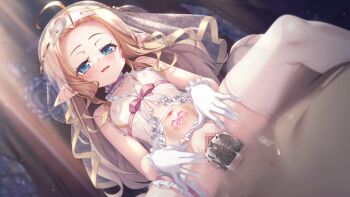 1boy 1girl babydoll blonde_hair blue_eyes blush bridal_lingerie cathedral censored church cowgirl_position cum cum_in_pussy cumdrip erection flat_chest frilled_thigh_strap game_asset gloves hetero light_particles light_rays lingerie loli long_hair lufia_(reijuu_no_acolyte_lufia) mosaic_censoring navel nipples non-web_source open_mouth penis pointy_ears pov reijuu_no_acolyte_lufia see-through_babydoll see-through_clothes sex smile solo_focus spread_legs stained_glass straddling tanabe_kyou thigh_strap thighhighs underwear vaginal veil visual_novel_cg