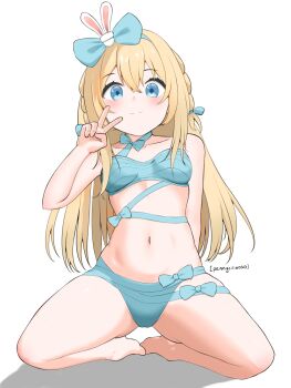 1girl absurdres bikini blonde_hair blue_bikini blue_dress blue_eyes blue_hairband blush dress fur_choker girls'_frontline girls'_frontline_2:_exilium hair_ornament hairband highres long_hair looking_at_viewer off-shoulder_dress off_shoulder official_alternate_costume peace pennycilin030 see-through_clothes see-through_sleeves simple_background snowflake_hair_ornament suomi_(girls'_frontline) suomi_(girls'_frontline_2) suomi_(korvatunturi_pixie)_(girls'_frontline) swimsuit thighs v