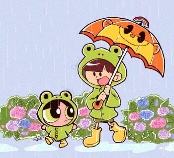 2girls animal_hood artist_name black_hair boots brown_hair buttercup_(ppg) cartoon_network child codename:_kids_next_door commentary crossover danishi english_commentary flower frog_hood frog_raincoat green_eyes holding hood hood_up long_sleeves multiple_girls numbuh_3 open_mouth powerpuff_girls puddle rain rainbow_monkey raincoat rubber_boots short_hair simple_background smile umbrella yellow_boots