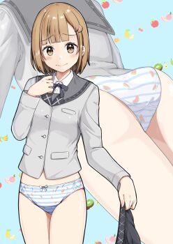 Rule 34 | 1girl, absurdres, ass, blue background, blue panties, blunt ends, blush, bow, bow panties, breasts, brown eyes, brown hair, buttons, closed mouth, collared shirt, commentary request, commission, cowboy shot, crotch seam, dress shirt, embarrassed, food-themed hair ornament, food print, fruit background, fruit print, grey jacket, grey ribbon, grey sailor collar, grey skirt, hair ornament, hand up, highres, holding, holding unworn clothes, holding unworn skirt, jacket, large variant set, long sleeves, looking at viewer, medium hair, multiple views, neck ribbon, negimiso1989, no pants, original, panties, pixiv commission, pleated skirt, print panties, raised inner eyebrows, ribbon, sailor collar, school uniform, serafuku, shirt, skirt, small breasts, standing, striped clothes, striped panties, underwear, unworn skirt, variant set, watermelon hair ornament, watermelon panties, watermelon print, white bow, white panties, white shirt, zoom layer