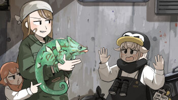 1boy 2girls absurdres bandaid bandaid_on_face binoculars bird black_overalls black_scarf brown_hair chameleon commentary crocodile_keeper_(diva) diva_(hyxpk) donut_stamp duck english_commentary green_jacket grey_hair grin hat highres jacket king_penguin lion_shirt_boy_(diva) long_hair multiple_girls nervous_sweating overalls penguin penguin_hat penguin_keeper_(diva) red_hair scarf sharp_teeth shirt short_hair sign sign_around_neck smile sweat teeth trash_bag white_shirt zoo zookeeper zookeepers_(diva)