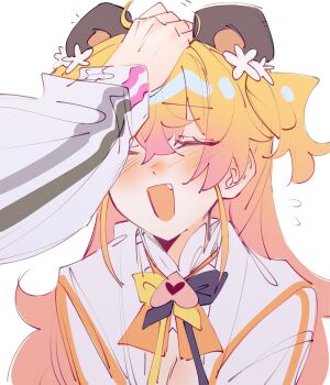 2girls absurdres animal_ears bear_ears bell blonde_hair blush bow bowtie brown_bow brown_bowtie cleavage_cutout closed_eyes clothing_cutout commentary english_commentary facing_another facing_viewer fake_animal_ears fang flower gradient_hair hair_flower hair_ornament hand_on_another's_head headpat highres hololive jacket legzy long_hair momosuzu_nene momosuzu_nene_(1st_costume) multicolored_bow multicolored_bowtie multicolored_hair multiple_girls neck_bell open_mouth orange_bow orange_bowtie peach_ornament pink_hair pov pov_hands shirt solo_focus tokoyami_towa tokoyami_towa_(1st_costume) two_side_up virtual_youtuber white_background white_jacket yellow_bow yellow_bowtie