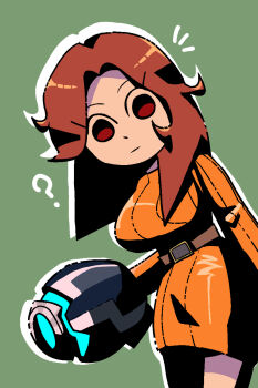 1girl ? arm_cannon belt breasts brown_hair closed_mouth curious dress expressionless green_background highres large_breasts leaning_to_the_side legs long_hair long_sleeves looking_at_viewer mii_(nintendo) mii_gunner mii_gunner_(smash_4) nintendo notice_lines parted_bangs red_eyes solo super_smash_bros. sweater sweater_dress weapon