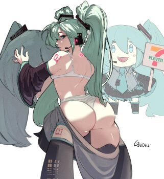 1girl 7-eleven absurdres artist_name ass bra commentary_request detached_sleeves guidelli hatsune_miku highres long_hair looking_at_viewer panties power_symbol shoulder_tattoo simple_background tattoo twintails underwear very_long_hair vocaloid watermark white_background