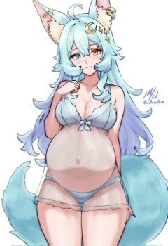 1girl animal_ear_fluff animal_ear_piercing animal_ears aqua_hair blue_eyes bow bow_bra bra breasts commentary cowboy_shot crescent crescent_hair_ornament english_commentary fera_lune fingernails fox_ears fox_tail full_cleavage hair_between_eyes hair_ornament hand_on_own_chest heterochromia highres lingerie long_fingernails long_hair looking_at_viewer medium_breasts navel negligee original panties pregnant rotomdocs signature simple_background smile solo tail thigh_gap twitter_username underwear white_background white_bra white_panties yellow_eyes