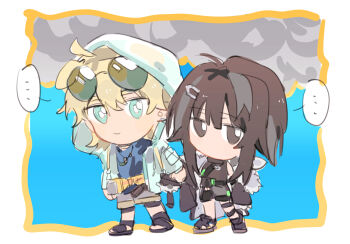 Rule 34 | ..., 1boy, 1girl, ahoge, animal ears, anklet, arknights, belt, black belt, black dress, black eyes, black footwear, black hair, black jacket, black shorts, blonde hair, blue background, blue eyes, blue vest, brother and sister, brother and step-sister, chibi, chibi only, chinese commentary, commentary request, dog boy, dog ears, dog tags, dress, eyewear on head, fanny pack, feather hair, feathers, fur-trimmed jacket, fur trim, green-tinted eyewear, grey shorts, hair between eyes, hair ornament, hairclip, highres, holding own arm, hood, hood up, hooded jacket, jacket, jewelry, la pluma (arknights), looking to the side, messy hair, multiple necklaces, necklace, open clothes, open jacket, outline, pocket, ribbon, sandals, see-through clothes, shorts, siblings, sleeveless, sleeveless dress, smile, speech bubble, step-brother and step-sister, step-siblings, sunglasses, tequila (arknights), thick eyebrows, thigh strap, tinted eyewear, turtleneck, turtleneck dress, vest, white background, white ribbon, whitelandscape, yellow outline