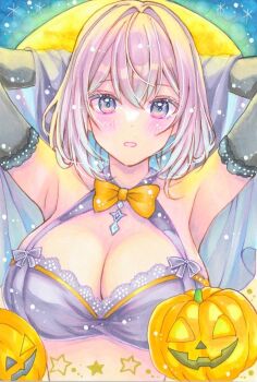 1girl armpits arms_up black_gloves blush bow bow_bra bowtie bra breasts cleavage commentary_request crossed_bangs double-parted_bangs elbow_gloves gloves grey_bra grey_eyes hair_intakes highres honokaw555 huge_breasts jack-o&#039;-lantern looking_at_viewer marker_(medium) no_shirt orange_bow orange_bowtie original parted_lips pink_hair short_hair solo star_(symbol) straight-on traditional_media underwear upper_body