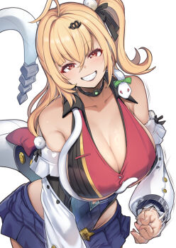 Rule 34 | 1girl, ahoge, bare shoulders, black leotard, blonde hair, blue skirt, blush, breasts, chalky (zenless zone zero), choker, cissia (zenless zone zero), commentary request, detached sleeves, grin, hair ornament, hair ribbon, large breasts, leotard, long hair, looking at viewer, miniskirt, muneshiro (hitsuji kikaku), one side up, pom pom (clothes), pom pom hair ornament, red eyes, red leotard, ribbon, skirt, smile, snake, snake girl, snake tail, tail, white snake, zenless zone zero