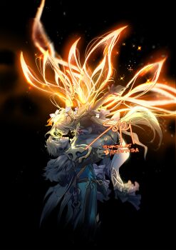 1boy 1girl absurdres armor artist_name artsoritha black_background blonde_hair commentary dress english_commentary genshin_impact glowing glowing_wings green_jacket halo highres jacket lifting_person long_hair looking_at_another nicole_reeyn pauldrons short_hair shoulder_armor simple_background varka_(genshin_impact) white_dress wings yellow_wings