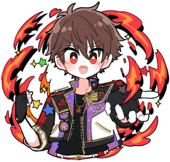 1boy belt_buckle black_gloves black_shirt bright_pupils brown_hair buckle clenched_hands commentary_request ensemble_stars! fingerless_gloves fire gloves hands_up high_collar highres jacket jewelry layered_clothes looking_at_viewer male_focus mani_(pukakaka09) morisawa_chiaki necklace open_clothes open_jacket open_mouth pocket red_eyes shirt short_hair simple_background solo star_(symbol) star_necklace teeth twitter_username upper_body upper_teeth_only white_background white_pupils zipper zipper_pull_tab