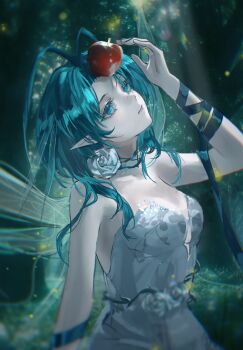 1girl absurdres antenna_hair apple apple_on_head arm_ribbon arm_up bare_shoulders black_ribbon blue_eyes breasts chinese_commentary closed_mouth commentary_request curtained_hair dress flower food forest fruit green_eyes hair_flower hair_ornament highres insect_wings lens_flare light_rays long_hair looking_up mantis_(path_to_nowhere) nature outdoors path_to_nowhere pointy_ears ribbon rose small_breasts solo strapless strapless_dress sunbeam sunlight tree upper_body white_dress white_flower white_rose wings zuiaixiaoxiong91834