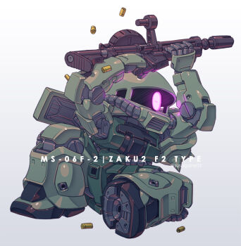 armor assault_rifle drum_magazine firing full_body glowing glowing_eye gun gundam gundam_0083 holding holding_gun holding_weapon machine_gun magazine_(weapon) mecha mobile_suit mono-eye no_humans rifle robot sd_gundam shell_casing shoulder_armor shoulder_spikes spikes susagane weapon zaku_ii zaku_ii_f2
