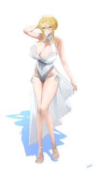 1girl absurdres ahoge arm_behind_head arm_up artoria_pendragon_(fate) artoria_pendragon_(swimsuit_ruler)_(fate) artoria_pendragon_(swimsuit_ruler)_(second_ascension)_(fate) bare_arms bare_legs bare_shoulders blonde_hair blush braid breasts cleavage_cutout clothing_cutout fate/grand_order fate_(series) full_body green_eyes hair_between_eyes highleg highleg_one-piece_swimsuit highres jewelry kurozawa_yui large_breasts long_hair looking_at_viewer necklace one-piece_swimsuit sandals seaside shadow side-tie_one-piece_swimsuit side-tie_swimsuit sidelocks simple_background skirt_hold sleeveless smile solo standing swimsuit thighs toenails white_background white_one-piece_swimsuit white_sandals