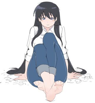 1girl arato_nagi barefoot black_hair blue_eyes blue_pants blush breasts collared_shirt commentary denim earrings english_commentary feet foot_focus highres jeans jewelry large_breasts long_hair pants ruri_no_houseki shirt shirt_tucked_in sitting sketch sleeves_rolled_up solo_focus stud_earrings utaha_rizumu white_shirt