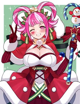 1girl absurdres blunt_bangs breasts capelet christmas commission commissioner_upload dress facial_mark fire_emblem fire_emblem_engage fire_emblem_heroes folded_twintails fur-trimmed_capelet fur_trim fur_wrist_cuffs gloves hair_rings heart heart_facial_mark highres holding holding_staff hortensia_(fire_emblem) hortensia_(winter's_dearest)_(fire_emblem) large_breasts long_sidelocks multicolored_hair multicolored_tiara nintendo non-web_source official_alternate_costume pink_eyes pink_hair red_capelet red_gloves rein_creamsoda santa_costume santa_dress sidelocks snowman_earrings snowman_ornament staff two-tone_hair white_trim wrist_cuffs