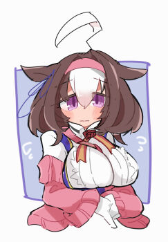 1girl ahoge animal_ears beer_hsk between_breasts blue_background blush breasts brown_hair closed_mouth cropped_torso flying_sweatdrops gloves hair_between_eyes hairband horse_ears jacket large_breasts looking_at_viewer meisho_doto_(turbulent_blue)_(umamusume) meisho_doto_(umamusume) multicolored_hair off_shoulder open_clothes open_jacket pink_hairband pink_jacket shirt solo strap_between_breasts two-tone_background two-tone_hair umamusume upper_body white_background white_gloves white_hair white_shirt
