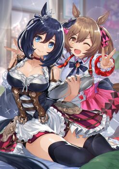 2girls animal_ears black_dress black_hair black_thighhighs blue_eyes blurry bokeh bow breasts brown_hair cleavage commentary_request depth_of_field double_v dress eishin_flash_(meisterschaft)_(umamusume) eishin_flash_(umamusume) feet_out_of_frame hair_between_eyes hair_bow hair_ornament highres holding holding_tray horse_ears horse_girl horse_tail itou_youichi large_breasts looking_at_viewer multiple_girls one_eye_closed open_mouth pink_skirt short_hair sitting skirt smart_falcon_(love_4ever)_(umamusume) smart_falcon_(umamusume) suspender_skirt suspenders tail thighhighs thighs tray umamusume v yellow_eyes yokozuwari